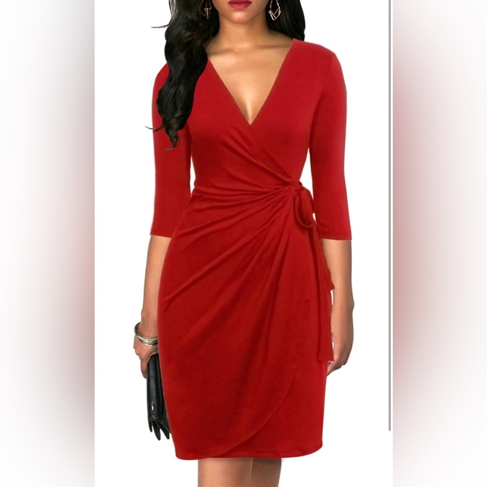 Berydress Women's Classic 3/4 Sleeve V Neck Sheath Wrap Dress